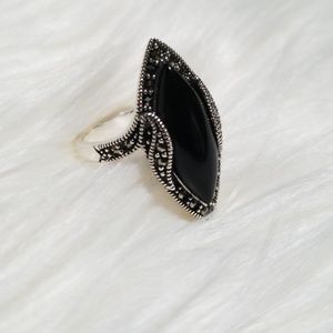 Marquise Genuine Marcasite and Genuine Black Onyx Sterling Silver Ring